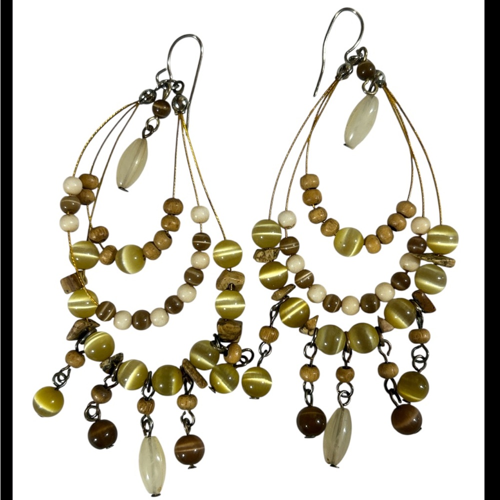 Boho Chandelier Earrings‎ - Natural Tiger’s Eye & Green Cat-Eye Stones